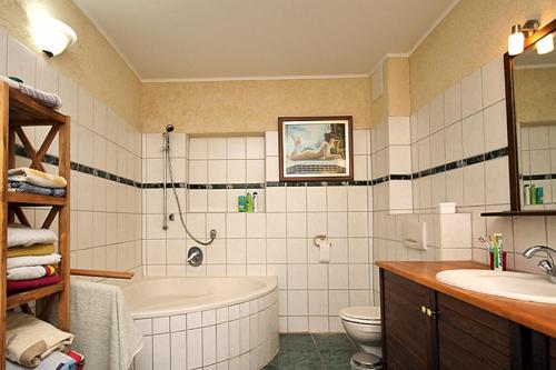 e bagno con vasca, servizi igienici e lavandino. di Ferienwohnungen im Harz ad Altenbrak