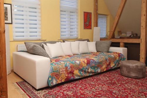 a living room with a couch and a bed at Ferienwohnungen im Harz in Altenbrak