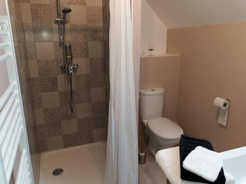 een badkamer met een douche, een toilet en een bad bij Relais de la Liberte - Utah Beach in Sainte-Marie-du-Mont
