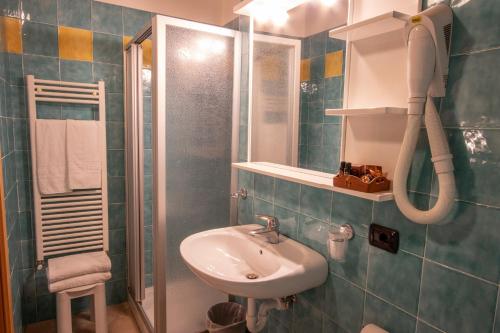 uma casa de banho com um lavatório e um chuveiro em Hotel Bernina em Tirano