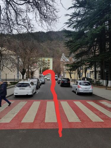 ボルジョミにあるAnanikoの駐車車両のある道路に引かれた赤い線