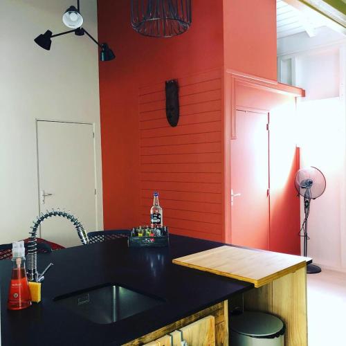 a kitchen with a sink and a red wall at Ti coin paradis in Anse-Bertrand