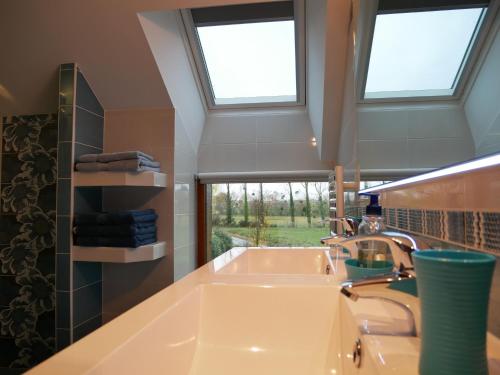 ein Badezimmer mit einem Waschbecken und zwei Fenstern in der Unterkunft Domaine de La Fontaine in Chavagne