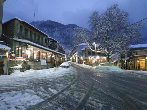 a snow covered street in a town with buildings at Small Town Apartment in Konitsa