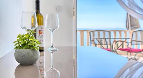 two wine glasses and a potted plant on a table at Stipe Residence in Podstrana