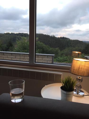 a glass of water sitting on a table in front of a window at Les terrasses de Malmédy in Malmedy