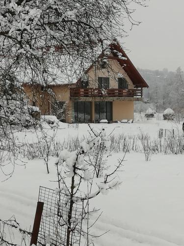 a house is covered in snow in front at Pensiunea Mara in Deseşti