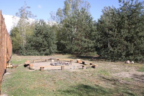 a group of picnic tables in a field with trees at Dom imprezowy z noclegami Dziecinów in Dziecinów