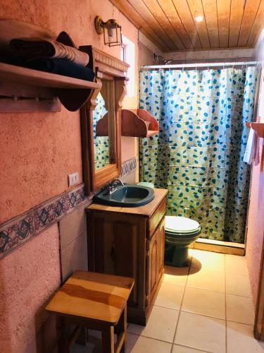 a bathroom with a sink and a toilet and a window at Departamento tipo cabaña en Creel in Creel