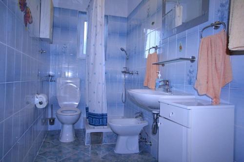 a blue tiled bathroom with a toilet and a sink at APARTMAN KATY in Šilo