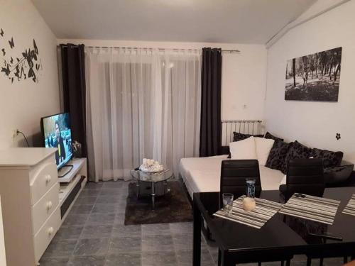 Sala de estar con cama, sofá y TV en Apartments Sara, en Tisno