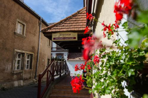 an alley with red flowers in a building at Jégverem Fogadó in Sopron