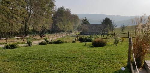 a grassy field with a fence and a barn at Bársonyberek vendégház Bakony in Jásd