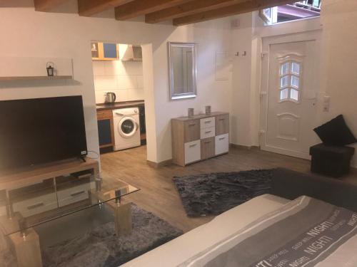 uma sala de estar com uma televisão de ecrã plano e uma cozinha em Holidayapartment Rüsselsheim em Rüsselsheim