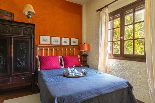 een slaapkamer met een bed met een blauw dekbed en een raam bij Astrakeri Gardens in Astrakeri