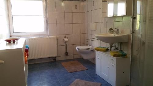 a bathroom with a sink and a toilet at Ferienhaus grüne Oase in Halle an der Saale