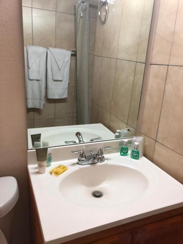 a bathroom with a white sink and a mirror at Cool Running Apartments in Saint Georgeʼs