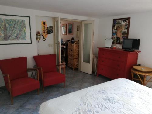 una camera da letto con un letto, due sedie e una televisione di SOFIANNA a Castiglioncello