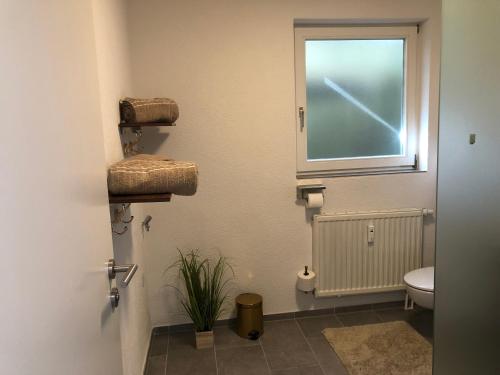a bathroom with a toilet and a window at Phoenix in Überlingen
