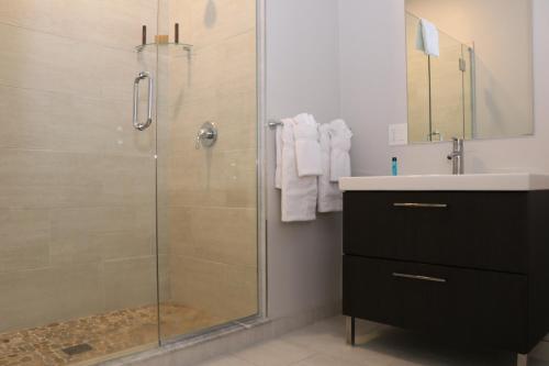 a bathroom with a glass shower and a sink at Large Studio w/ Queen AND Sofa Bed..#38 in Brookline