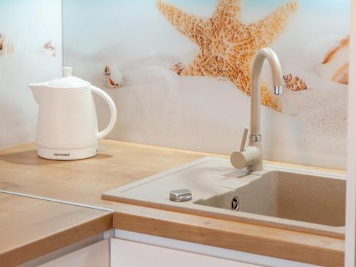 blat kuchenny ze zlewem i ekspresem do kawy w obiekcie Apartament Rybacka 12A/68, Kołobrzeg w Kołobrzegu