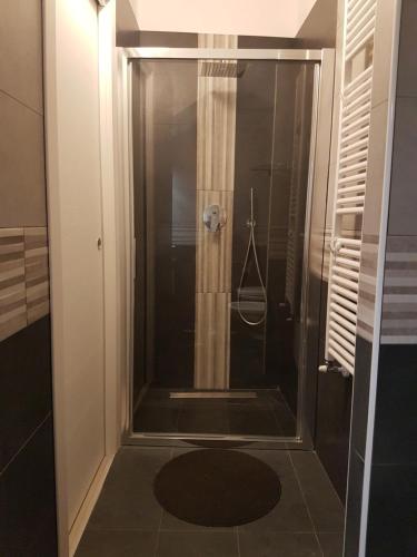 y baño con ducha y puerta de cristal. en Moro Dal Castel - Appartamento Al Moro, en Castelnuovo del Garda