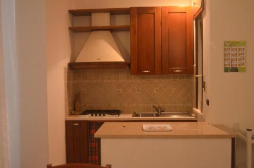 una cucina con lavandino e piano cottura forno superiore di Villetta Sakapo' a Corigliano dʼOtranto