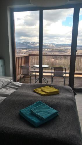 a room with a bed with a view of a balcony at Widokowa Osada in Międzylesie