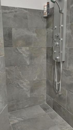 a bathroom with a shower with a tiled wall at Hello Villa in Bucharest