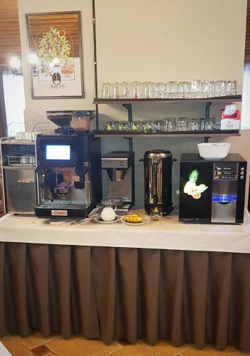 a counter top with a coffee maker and a coffee machine at Hotel Regina Delle Dolomiti in Panchia