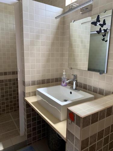 a bathroom with a sink and a mirror at Villa Alexis - Location de vacances à Trou aux Biches in Trou aux Biches