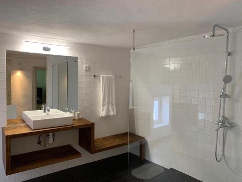 La salle de bains est pourvue d'un lavabo et d'une douche. dans l'établissement Casa do Castelo, à Castelo de Vide