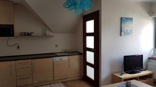 a kitchen with a sink and a tv on the wall at Villa Sole in Pruszcz Gdański