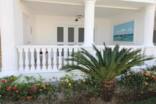 a white house with a staircase and a palm tree at Albachiara Hotel - Las Terrenas in Las Terrenas