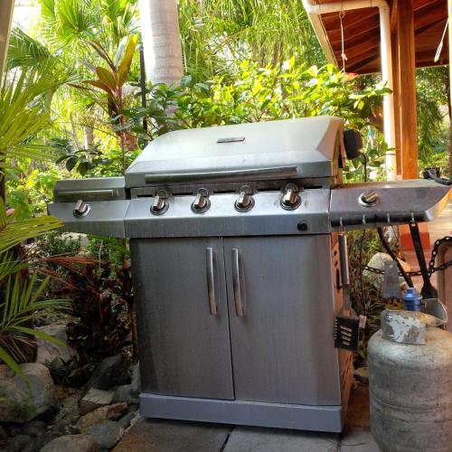 a grill sitting on a patio in a garden at Beautifull Casa Pastor in Sámara