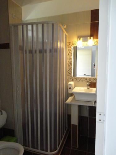 un baño con ducha y lavabo en Phoenix Studios, en Sarti