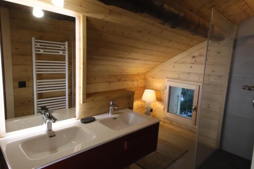 een badkamer met een wastafel en een spiegel bij Sous les Ecotagnes in Les Villards-sur-Thônes