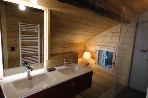 une salle de bain avec un lavabo et un miroir dans l'établissement Sous les Ecotagnes, à Les Villards-sur-Thônes