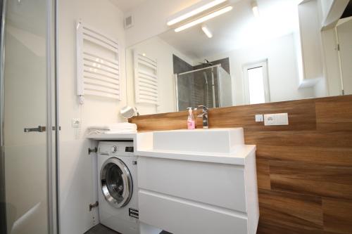 a bathroom with a washing machine and a sink at Dworek Łeba i Domki Ranczo Itrich in Łeba