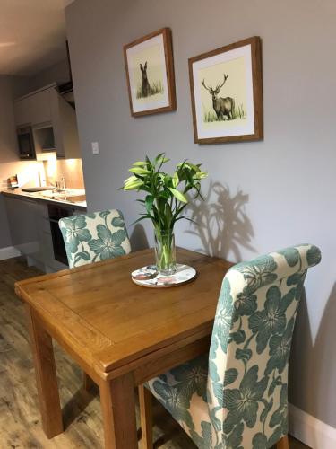 a wooden table with two chairs and a vase with a plant at Ridgewood Apartment in Drumnadrochit