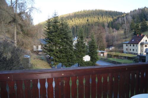 a balcony with a view of a house and trees at Pension zum Ritter in Katzhütte