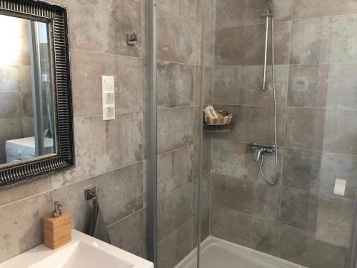 a bathroom with a shower and a sink and a mirror at Fox apartman A11 in Zamárdi