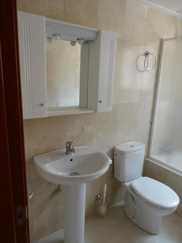 ein Badezimmer mit einem Waschbecken, einem WC und einem Spiegel in der Unterkunft Casa Ibiza in Los Alcázares