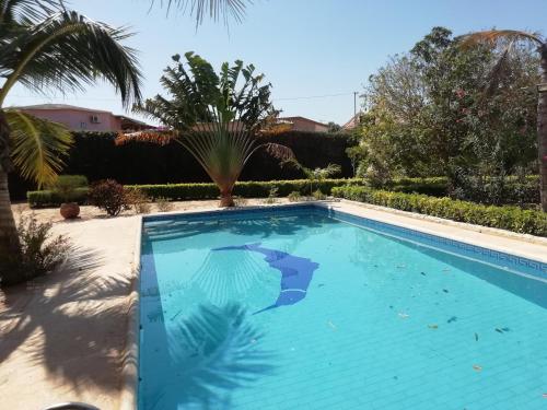 una piscina en un patio con una palmera en Villa Maria en Somone