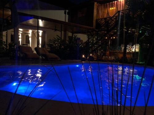a swimming pool at night with blue illumination at Samara Chillout Lodge - Adults only in Sámara