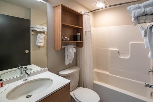 a bathroom with a sink and a toilet and a shower at Microtel Inn & Suites by Wyndham Carlisle in Carlisle