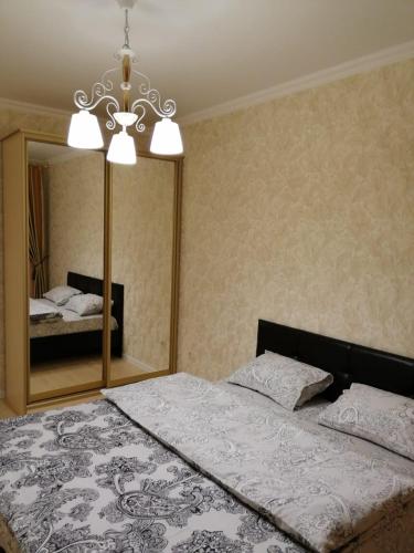 um quarto com uma cama e um espelho grande em Апартаменты, Московская 97 em Pyatigorsk