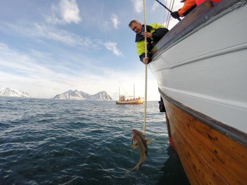a man on a boat with a fish in the water at Nordis Hotel Lofoten in Svolvær