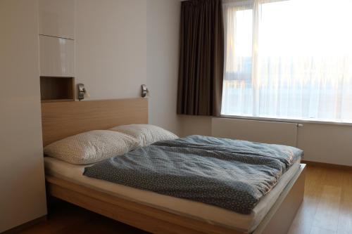 1 dormitorio con 1 cama y ventana grande en Panorama City Apartment with Free Parking, en Bratislava