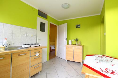 a kitchen with green walls and a sink and a counter at Pokoje Stefania in Międzyzdroje